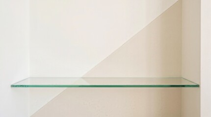 Minimalist floating glass shelf on clean white wall with geometric shadow
