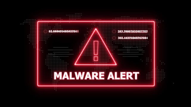 Digital interface with a red neon triangle and the text MALWAREALERT within a glowing red rectangular frame on a dark background with a faint world map pattern