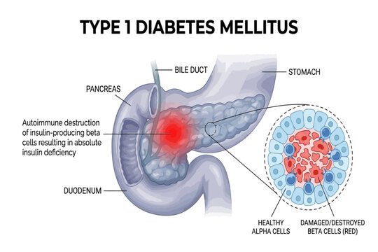 Medical illustration showing autoimmune destruction of pancreatic beta cells in Type 1 diabetes.