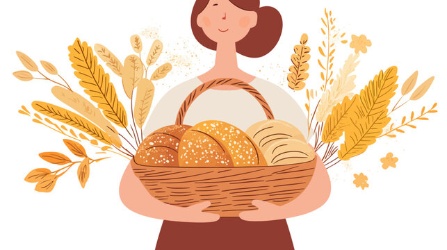 Woman holding a basket of bread surrounded by autumn foliage