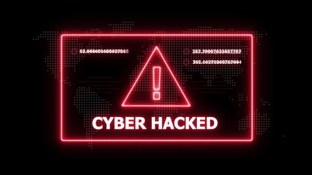 Digital interface with a red neon triangle and the text CYBERHACKED within a glowing red rectangular frame on a dark background with a faint world map pattern