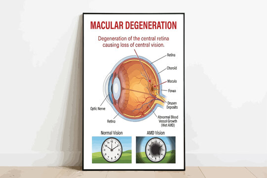 Medical illustration showing macular degeneration with retinal damage and loss of central vision.
