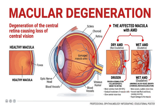 Medical illustration showing macular degeneration with retinal damage and loss of central vision.