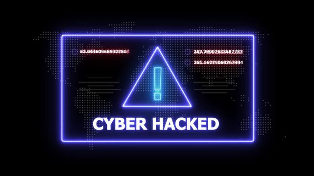 A dark digital interface displaying a glowing blue triangle at its center with the words CYBERHACKED in bold white letters below it and a world map made of small dots in the background