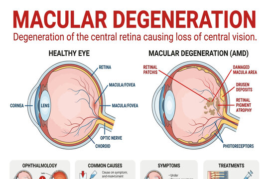 Medical illustration showing macular degeneration with retinal damage and loss of central vision.
