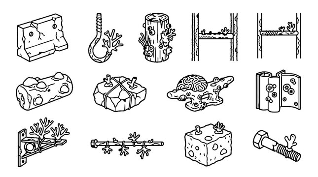 Hand drawn black and white underwater debris and coral growth icons set.