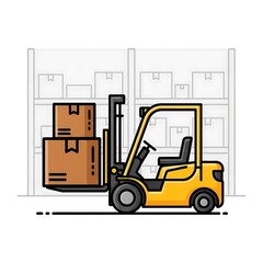 Naklejka premium Yellow forklift truck moving stacked pallets in warehouse.