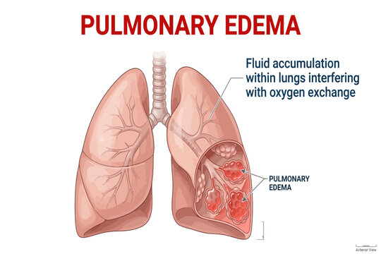 Medical illustration showing pulmonary edema with fluid accumulation interfering with oxygen exchange.