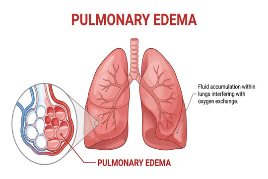 Medical illustration showing pulmonary edema with fluid accumulation interfering with oxygen exchange.