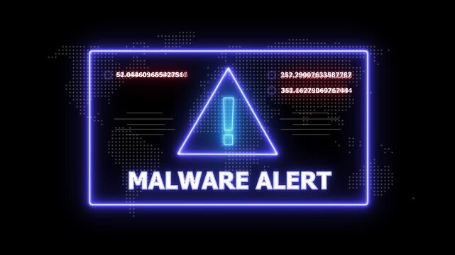 Digital interface with a blue neon triangle and the text MALWAREALERT within a glowing blue rectangular frame on a dark background with a faint world map pattern
