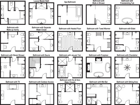 A comprehensive collection of bathroom layout designs, showcasing various configurations and features from master suites to compact en-suites, all presented in a clear, top-down schematic.