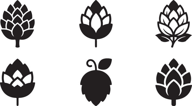 Black and white hop cone and leaf vector icons set Vector