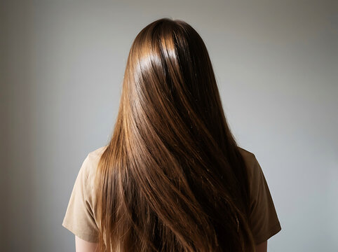 Back view of woman with long flowing brown hair and tan t-shirt image