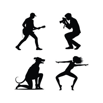  2x2 Grid of Black Silhouettes &mdash; Musician, Photographer, Dog, Dancer