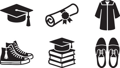 Fototapeta premium Black graduation icons set with cap, gown, diploma, shoes, and books Vector