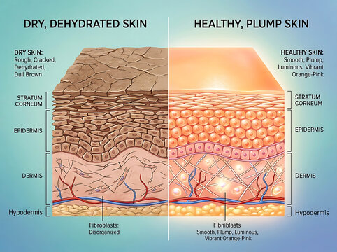 Dry dehydrated skin versus healthy plump skin cross section comparison image