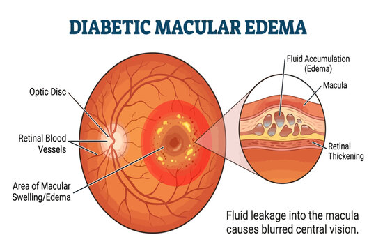 Medical diagram showing diabetic macular edema with retinal swelling and fluid accumulation.