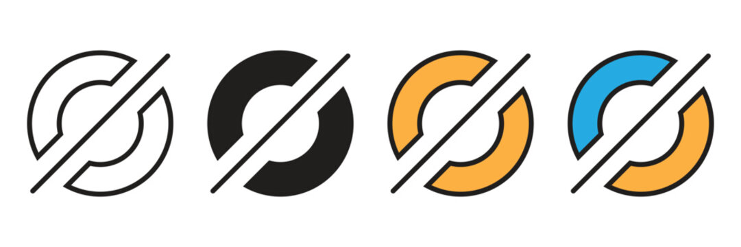 Prohibited Access and Cancelled Operation Vector Icon Set. A clean vector icon set showing a segmented circle with a diagonal line slash, depicting prohibited actions, empty null status.