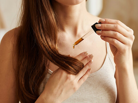 Woman applying hair oil with dropper to brown hair treatment