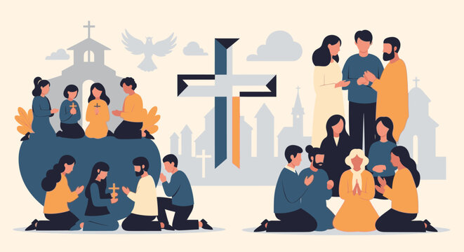 People from different cultures pray together in a cityscape with a cross and church
