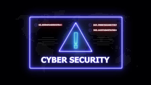 Neon blue rectangle frame displaying the words CYBERSECURITY with a glowing triangle inside and digital data points on a dark world map background with glowing dots and numerical data