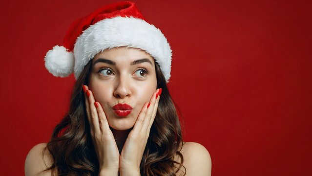 Surprised woman in santa hat on red background