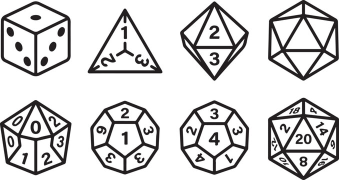 Collection of polyhedral dice and geometric shapes with numbered faces Vector