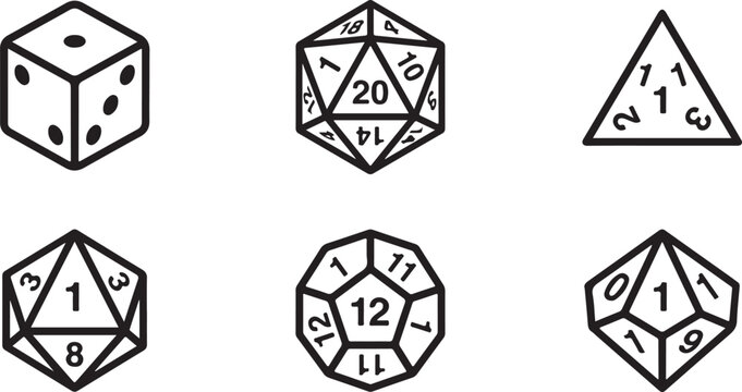 Set of six different polyhedral dice with numbered faces vector illustration Vector