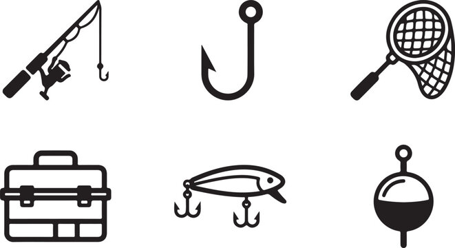 Flat line icons set of fishing tools and equipment Vector
