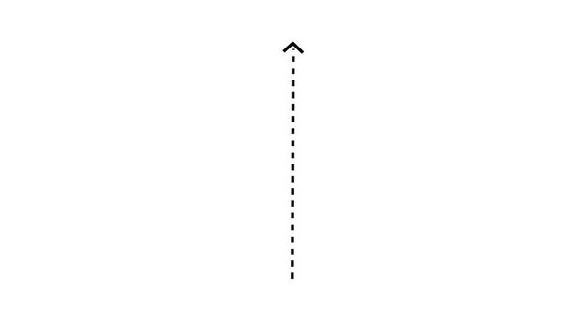 A clean white background showcases a single black dashed vertical line with a small upward pointing arrow at its top edge, signifying direction or positive movement Keywords: arrow, upward