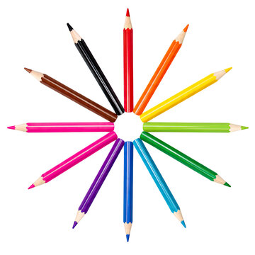 Set of Twelve Colored Pencils Isolated on Transparent Background, Generative AI