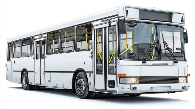 Public transport bus with large windows and doors, ready for passengers to board and travel