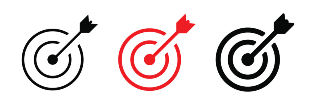 Target icon with arrow in center symbolizing goal, focus and accuracy. Bullseye pictogram for success, achievement, strategy and direction. Ideal for planning, performance, and business goals concept