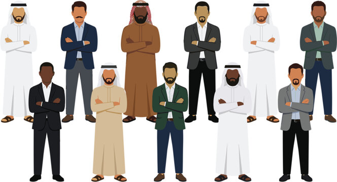 Arab business men group standing with crossed arms wearing traditional thobe and modern suits vector illustration isolated on white background, middle eastern character collection.