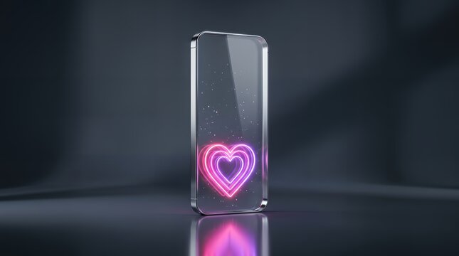 透明なスマートフォンに浮かび上がるピンクのネオンハートの3D素材