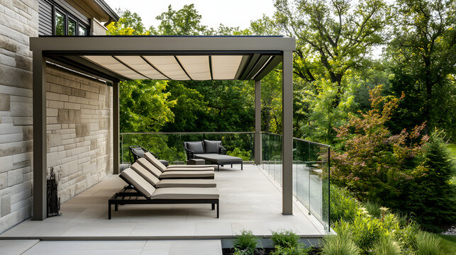 Modern outdoor lounge area with wooden deck and pergola in tranquil garden setting