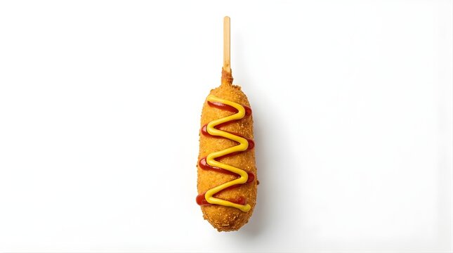 Isolated golden deep-fried corn dog on wooden stick drizzled with yellow mustard and red ketchup street food snack