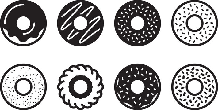 Eight stylized black and white donut icons with different toppings Vector