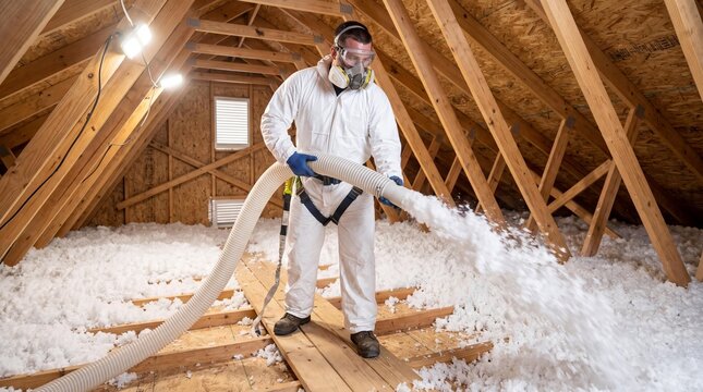 Worker installing blown-in fiberglass insulation in a residential attic.