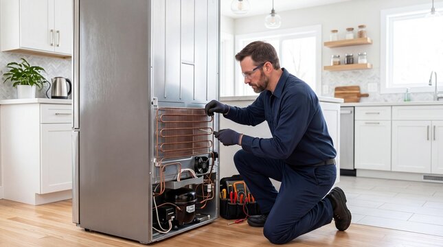 Appliance technician repairing a refrigerator condenser in a modern kitchen.