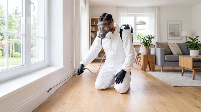 Pest control technician spraying termite treatment along baseboard at home
