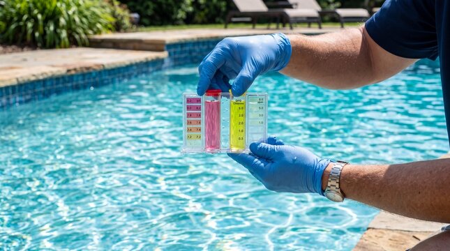 Pool service worker testing pH and chlorine levels in backyard swimming pool