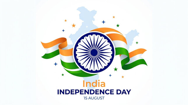 India Independence Day Celebration Vector with Flag Ribbons and Map