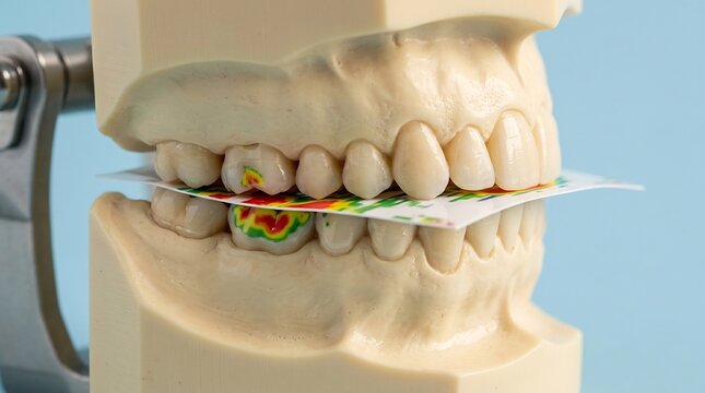 Close-up of a dental articulator model showing bite occlusion analysis with colorful pressure-sensitive marking material