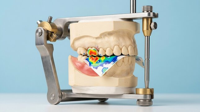 Dental articulator with plaster jaw models and pressure-sensitive occlusion strip for bite analysis