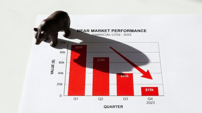 Bear figurine on stock market performance graph with red arrow
