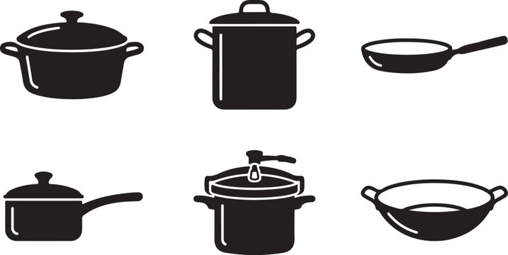 Six black and white cooking pots and pans set illustration Vector
