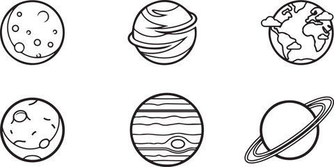 Simple line drawing of solar system planets and moon icons set Vector © mahafuza