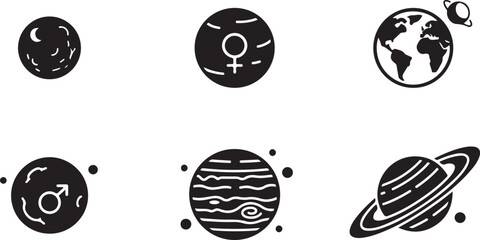 Black and white solar system icons set with planets and moon Vector © mahafuza