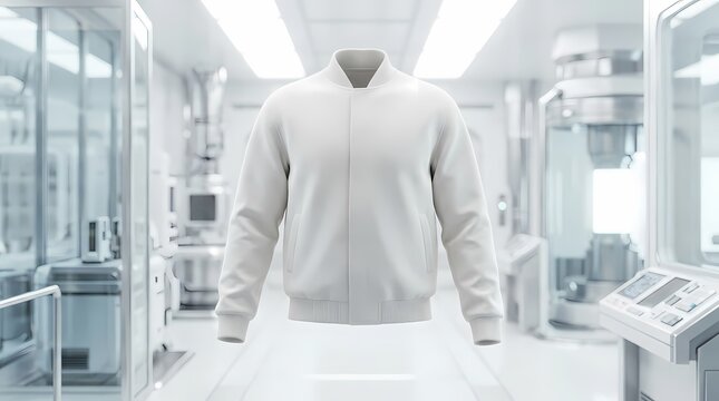 Clean white bomber jacket mockup in sterile laboratory or factory environment.